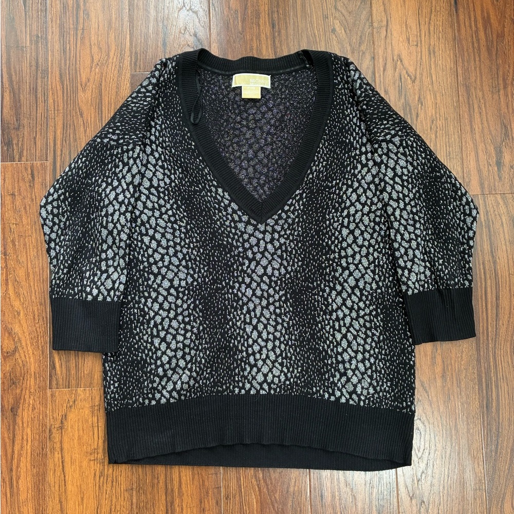 Michael Kors V-Neck Black and Gray Sweater with Animal Print
